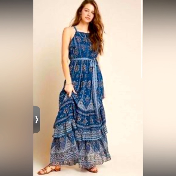 Anthropologie Ruffle Tie Maxi Boho Cottage tribal  Tiered Sasha NEW Flowy Floral - Picture 2 of 11